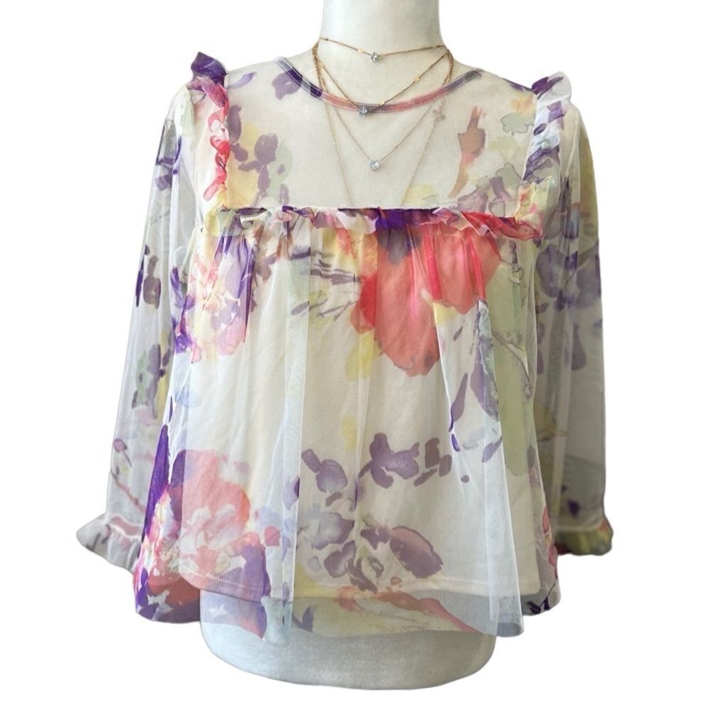 (NWT) Mimi Chica ruffled sheer cropped blouse ivory floral size medium
